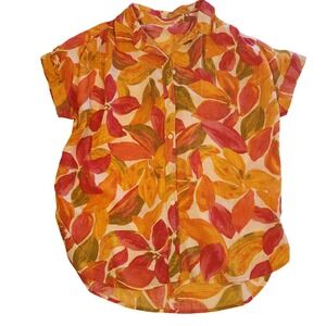 Large Pink Orange Linen blend TOP Tropical Cap Sleeve Button Front CAMP SHIRT 42